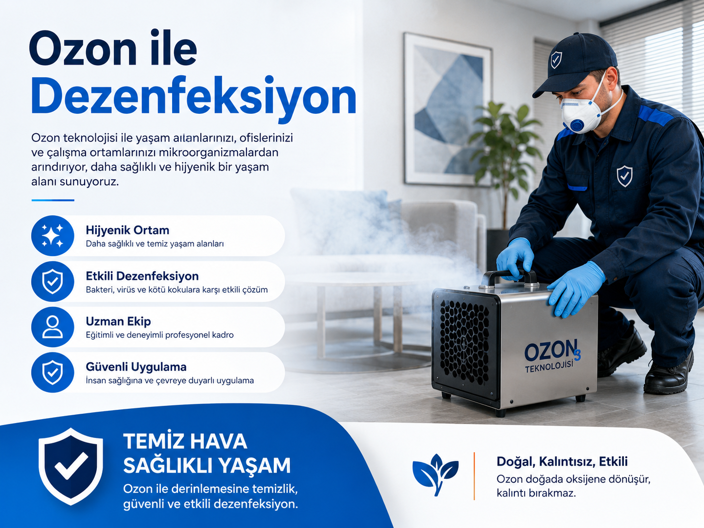 Ozon ile dezenfeksiyon profesyonel ortam hijyeni ve koku giderme uygulaması